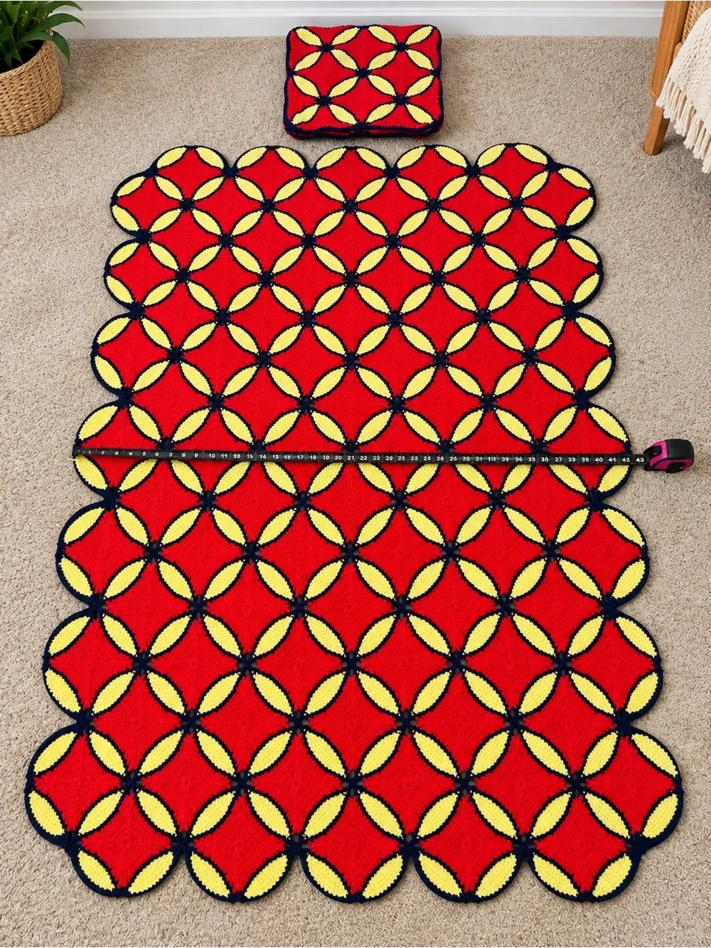 Vintage Handmade Crochet Afghan Blanket Red Yellow Navy + Matching Pillow case